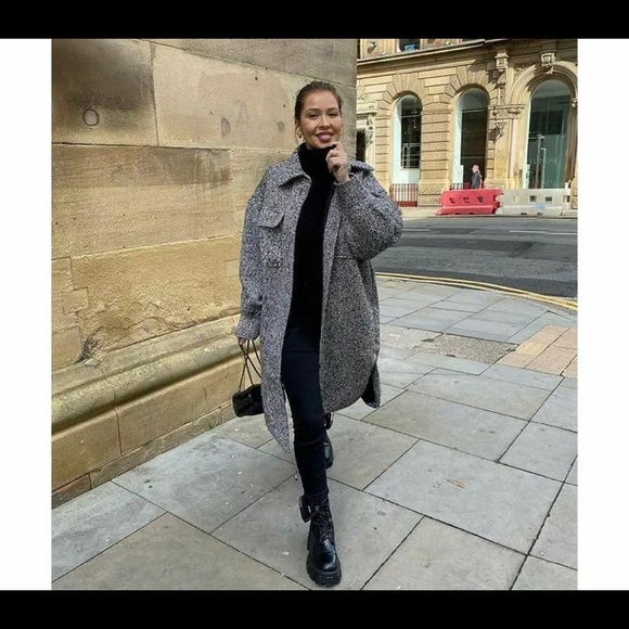 H&M Long Shirt Jacket Black Melange Shacket- - Picture 5 of 5